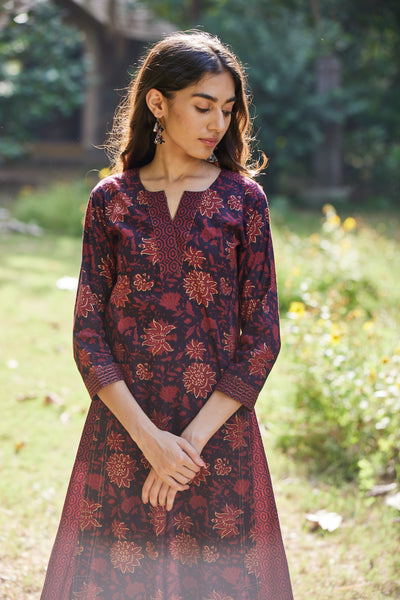 Multi Print Maroon Kurta-Dress With Pockets