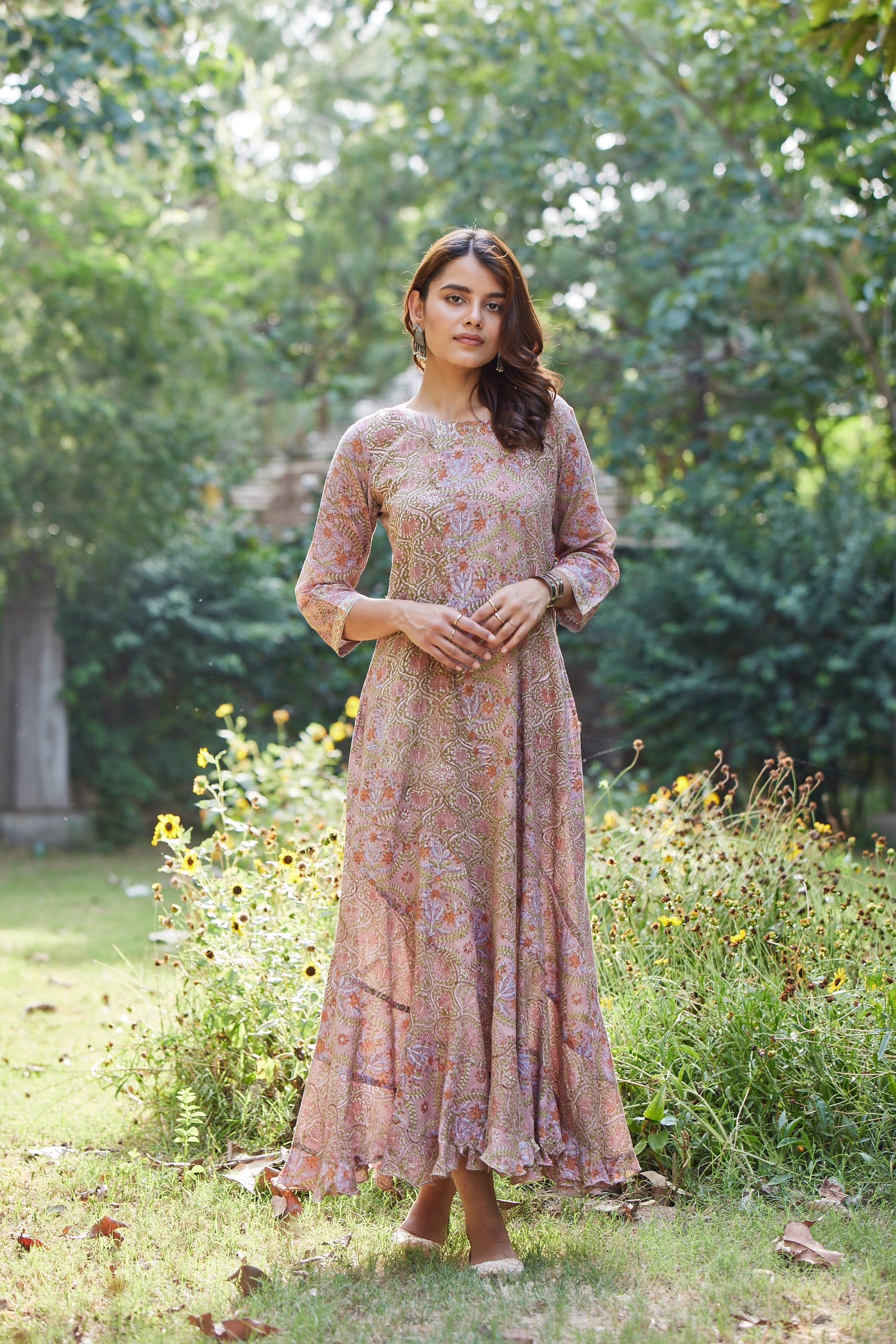 Hand Block Floral Print Ruffled Maxi Dress