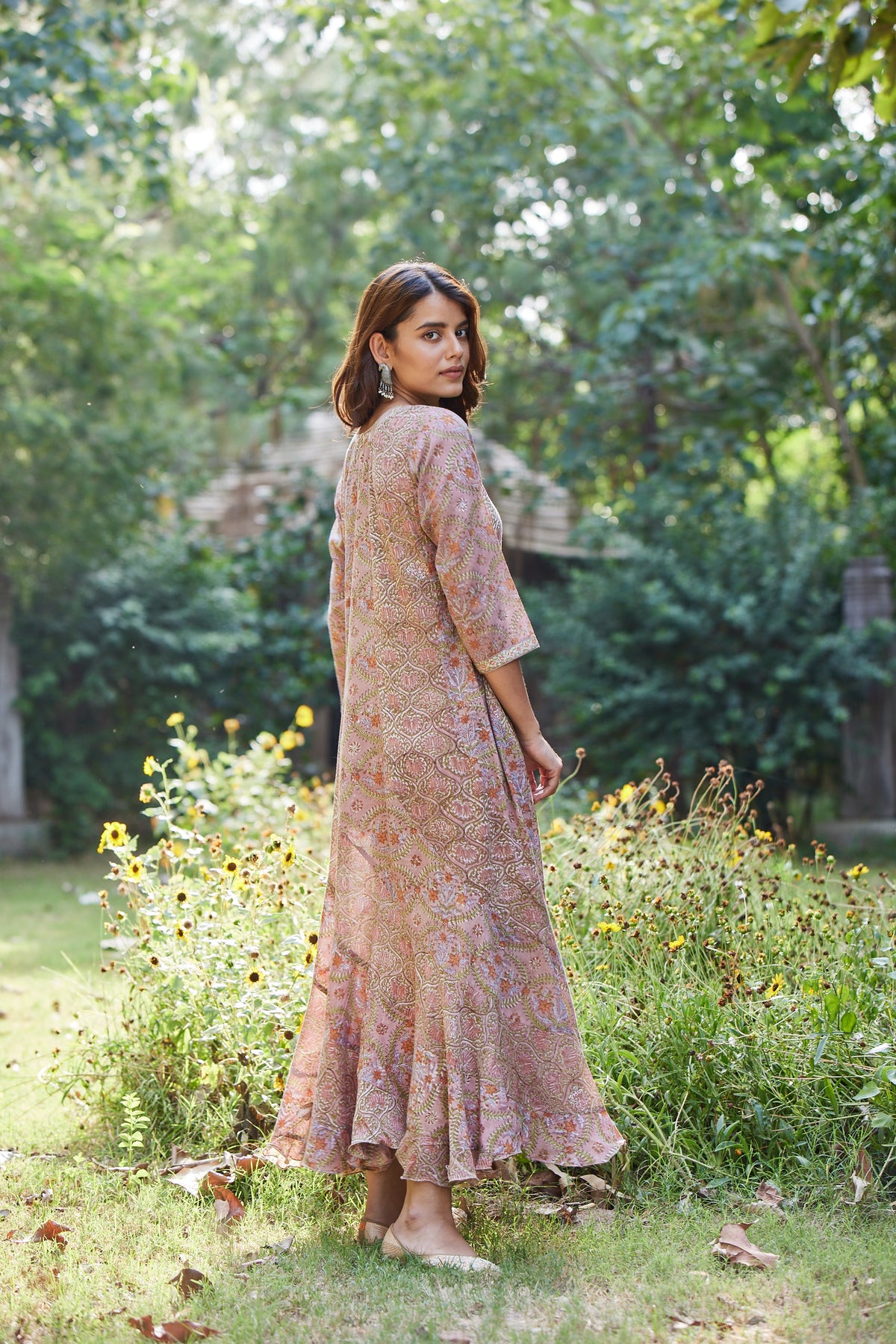Hand Block Floral Print Ruffled Maxi Dress