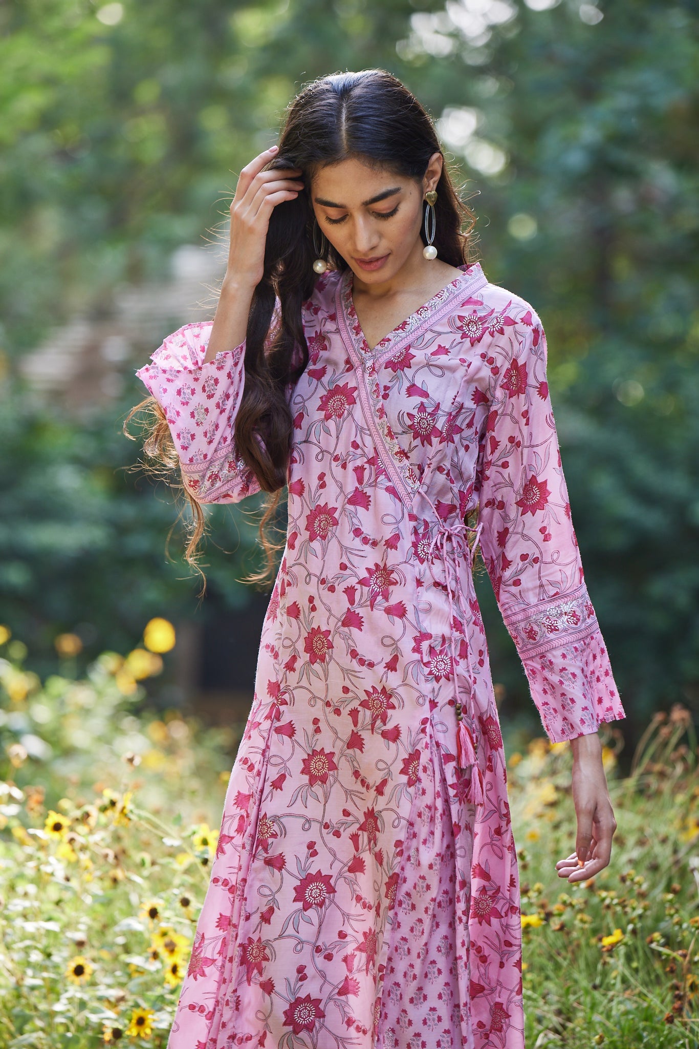 Pink Hand Block Print Angrakha Style Kurta-Dress