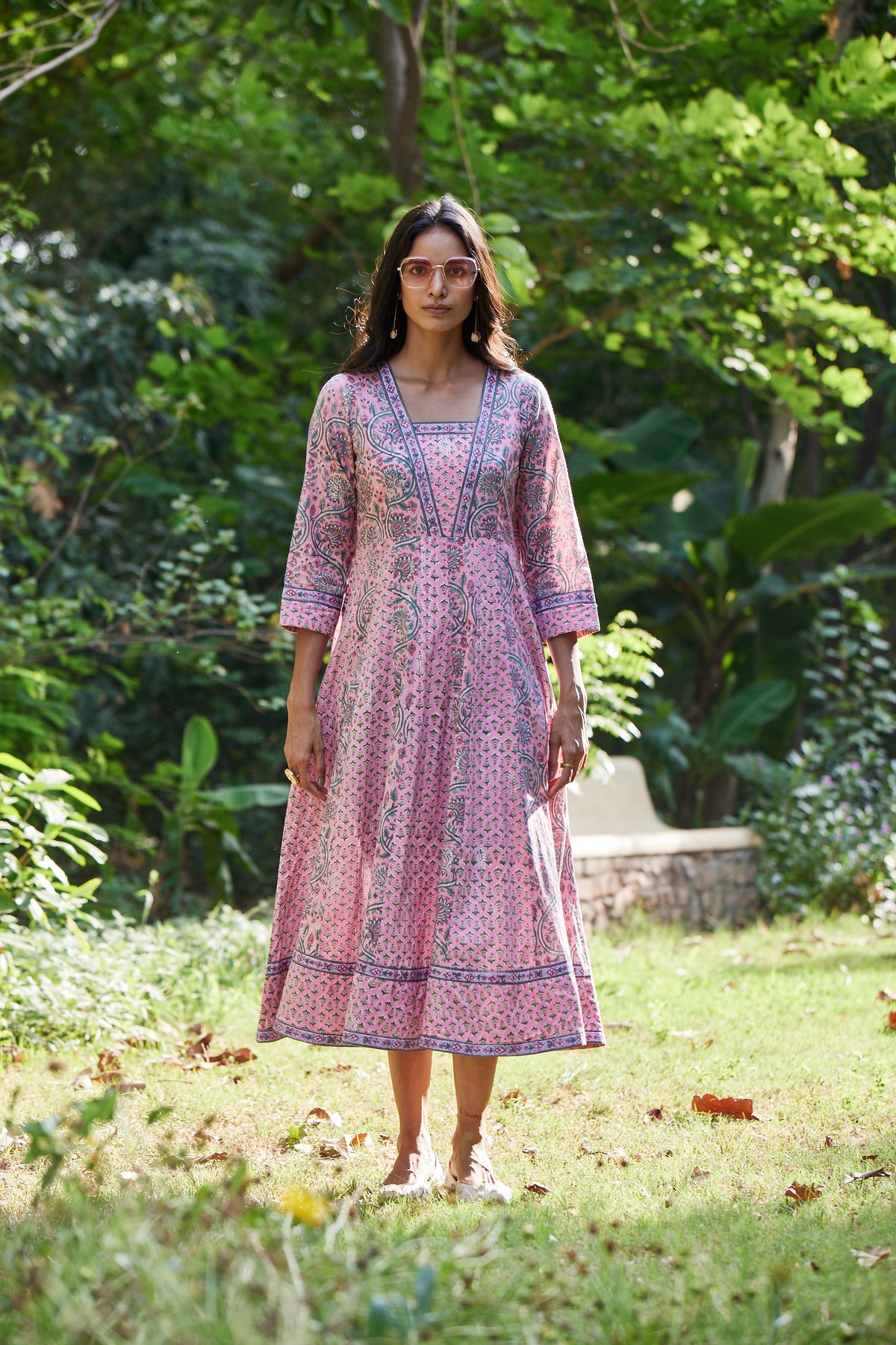 Hand Block Print Pink Anarkali Dress
