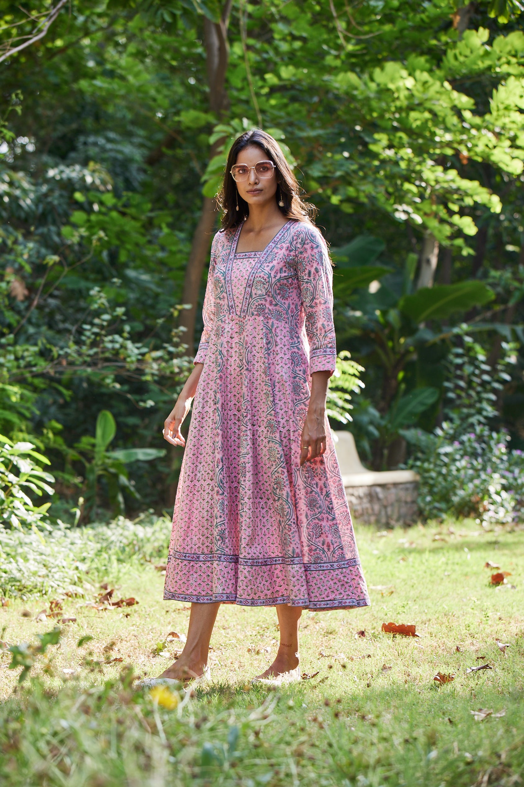 Hand Block Print Pink Anarkali Dress