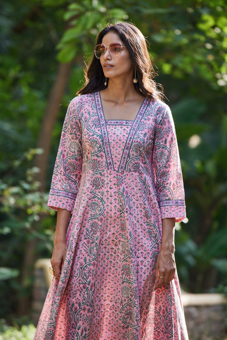 Hand Block Print Pink Anarkali Dress