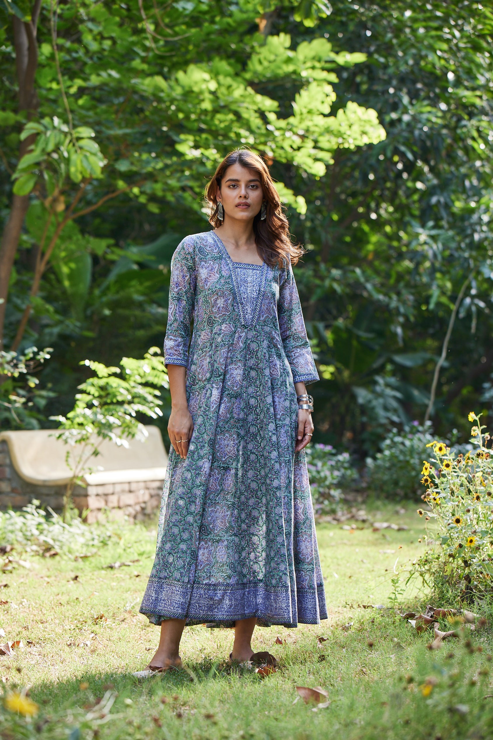 Long Hand Block Print Anarkali Dress