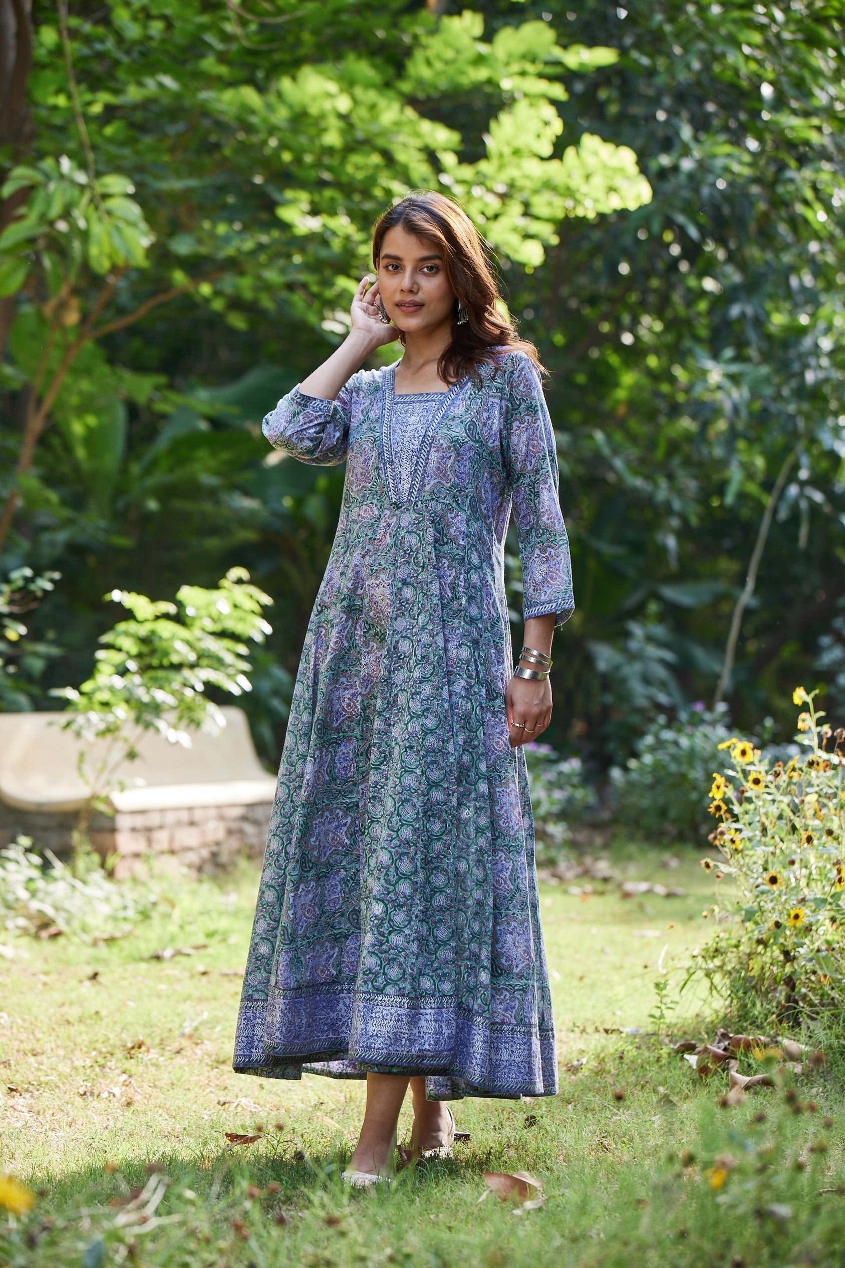 Long Hand Block Print Anarkali Dress