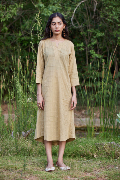 Solid Beige A-Line Kurta-Dress With Pockets