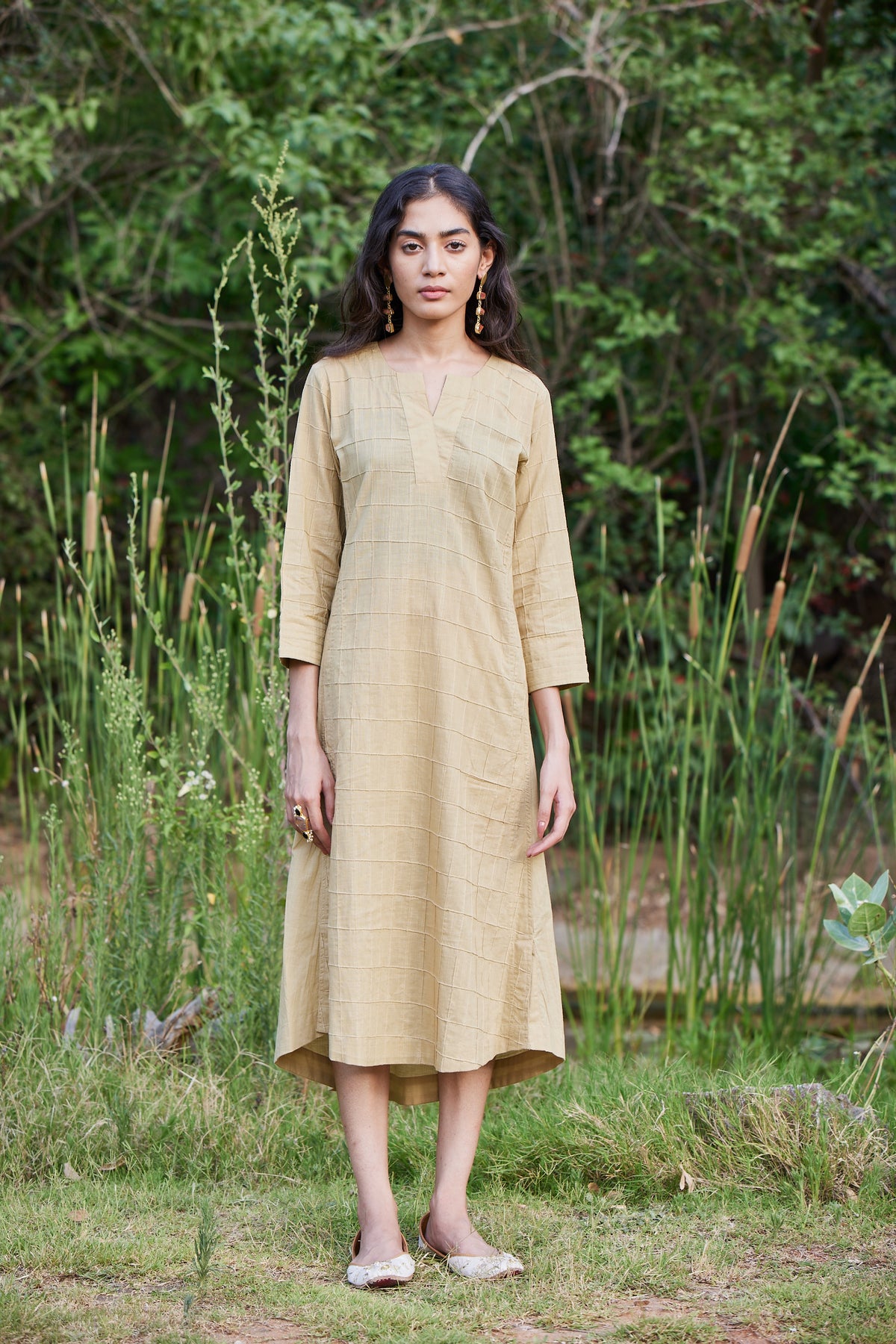 Solid Beige A-Line Kurta-Dress With Pockets
