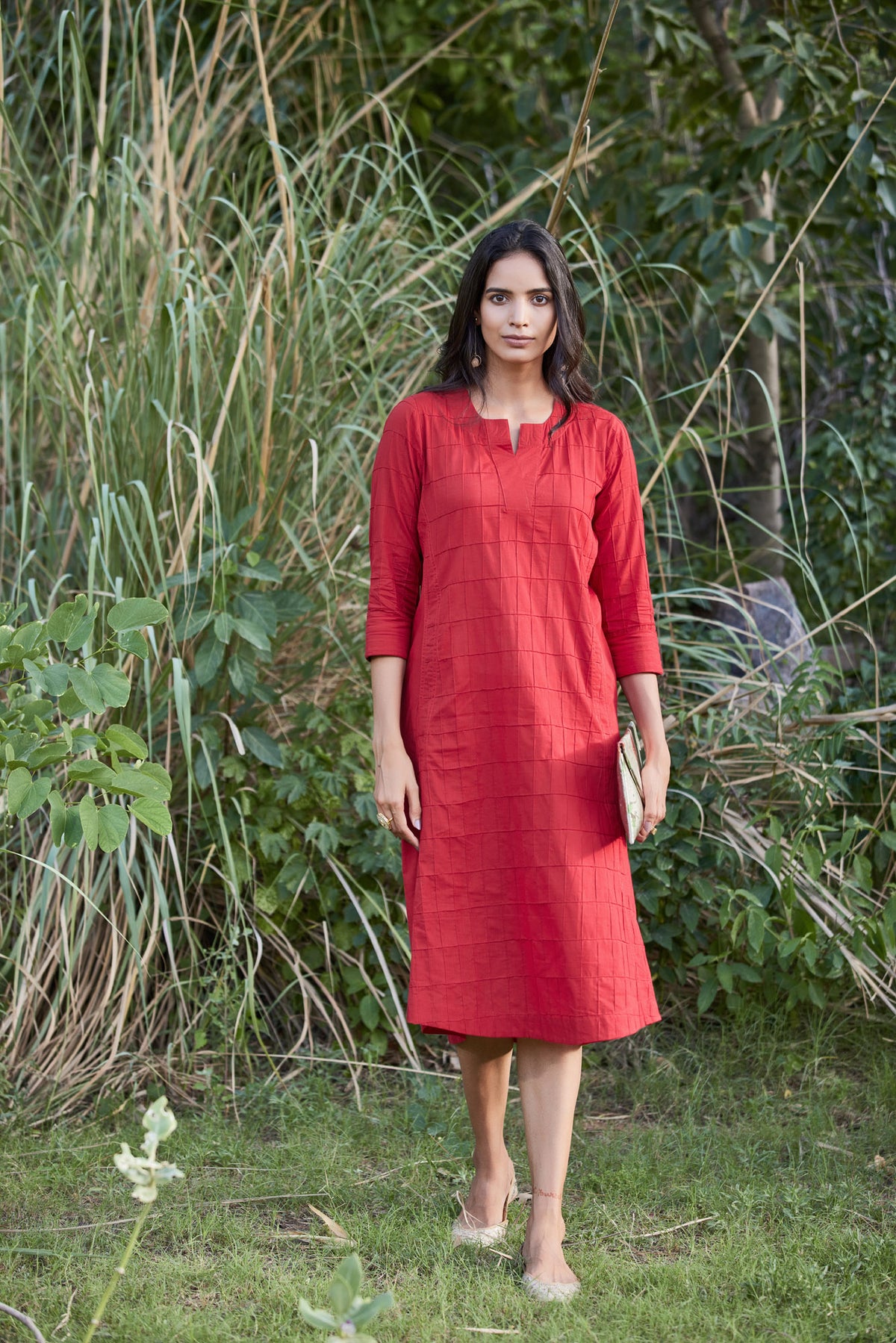 Solid Red Kurta-Dress With Pockets