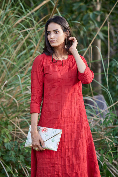 Solid Red Kurta-Dress With Pockets