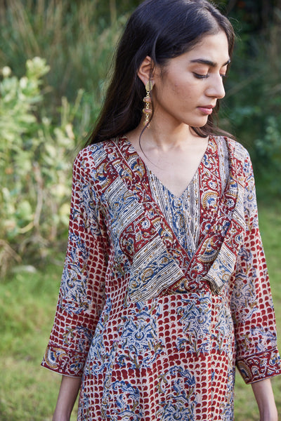 Hand Block Kalamkari Print Dress With Pockets