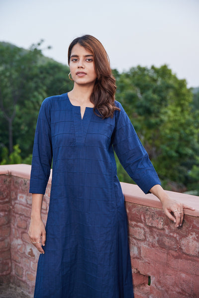 Solid Blue Kurta-Dress With Pintucks