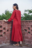 Solid Red Panelled Dress With Pintucks