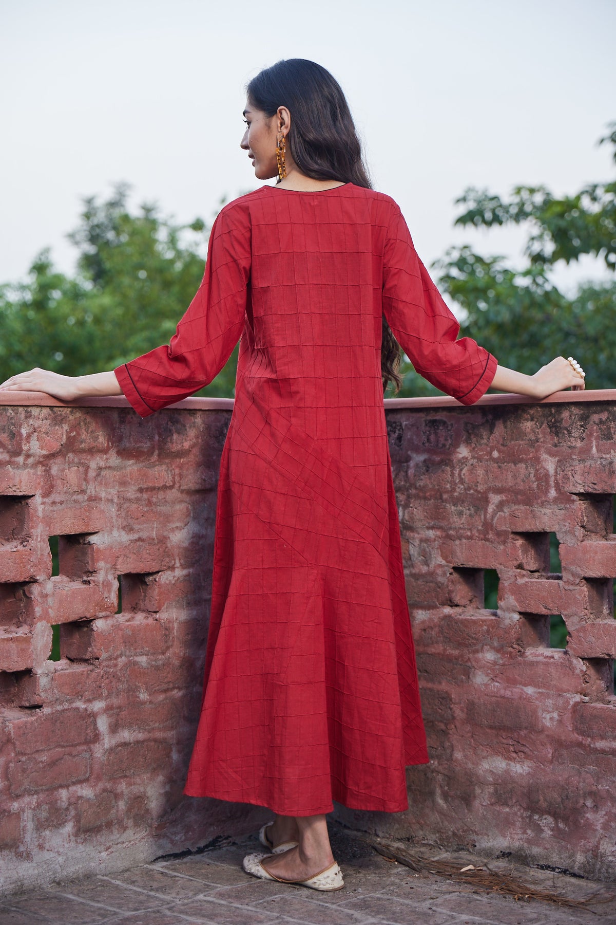 Solid Red Panelled Dress With Pintucks