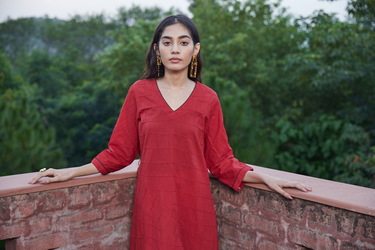 Solid Red Panelled Dress With Pintucks