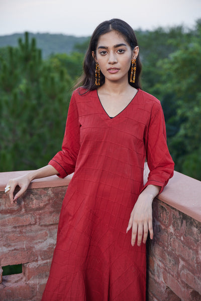 Solid Red Panelled Dress With Pintucks