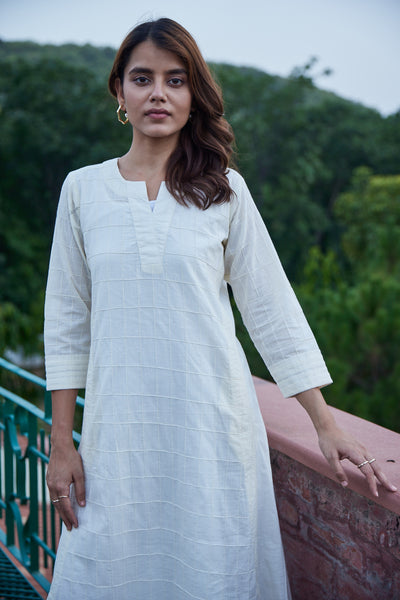 Offwhite Solid Kurta-Dress With Pintucks